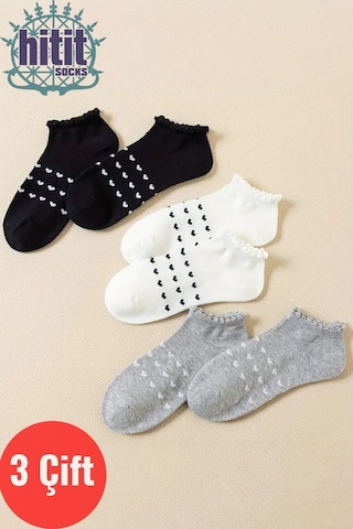 Hitit Socks Kadın 3 Çift Premium Kalite Kalp Desenli Volanlı Patik Karışık Renkli ASORTİ