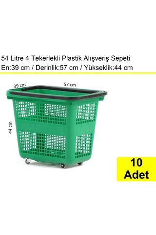 4 Tekerlek Plastik Alışveriş El Sepeti 54 Litre Yeşil 10 Adet / En:42 Boy:54 Yükseklik:44 Cm