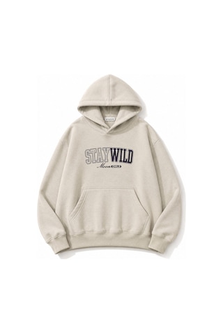 Herkesemoda Stay Wild Baskılı Kanguru Cepli Oversize Sweatshirt Bej