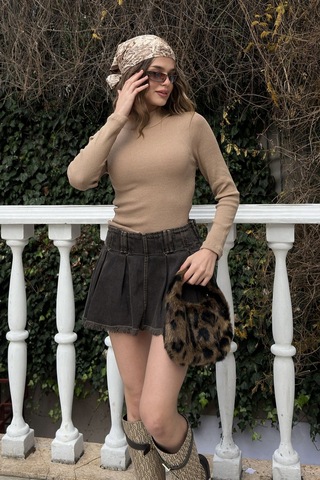 Saks Yarım Balıkçı Şardonlu Fitilli Bluz Sütlü Kahve