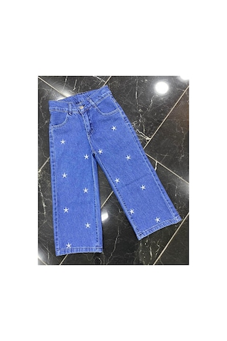 Erdem Kıds Kız Çocuk Jean Pantolon Palazzo Geniş Bol Paça Yıldız Nakışlı Kot Pantolon Mavi Mavi