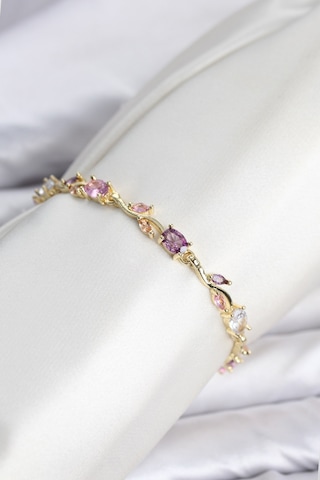 Pirinç Gold Renk Pembe Ve Mor Zirkon Taşlı Çiçek Model Kadın Bileklik Çok Renkli
