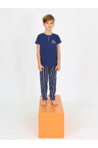 Vitmo Erkek Çocuk Kısa Kollu %100 Pamuklu Düğme Detaylı Wave Pijama Takımı İndigo