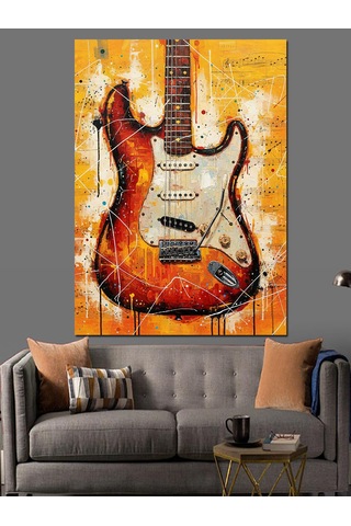 Ahşap Tablo Kırmızı Gitar Alev Desenleri İnsan Figürlü Tablolar