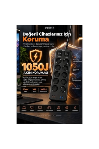 10 Lu Akım Korumalı Grup Priz 3680w, 2 Usb-c + 2 Usb-a, 1050j, 2 Metre Kablo 0 - 2 M