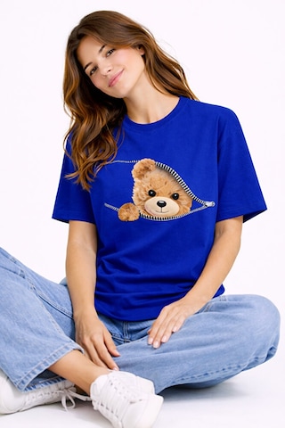 Fermuarlı Ayıcık Baskılı Kadın Tişört Oversize Sevimli Teddy Bear Lacivert