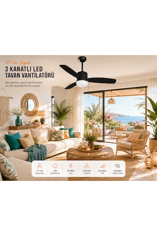 111 Cm Siyah 3 Kanatlı Led Tavan Vantilatörü 55 Watt Hız Ayarlı Modern Tasarım