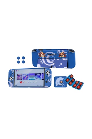 Switch Oled 3in1 Standlı Rnkli Kılıf Analog Yükseltici Ve Koruyucu Kart Kutusu Mavi
