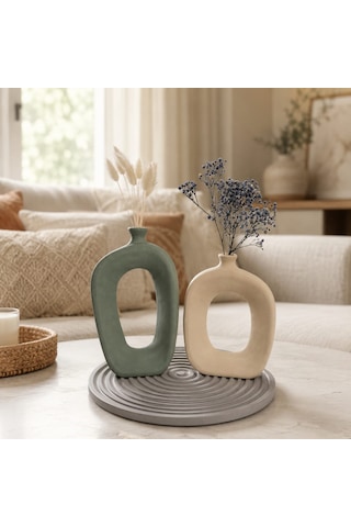 Momiko El Yapımı Modern Bohem Beton Vazo Seti Dekoratif Kemerli İkili Vazo & Yuvarlak Altlık Premium Seri Adaçayı-bej-vizon