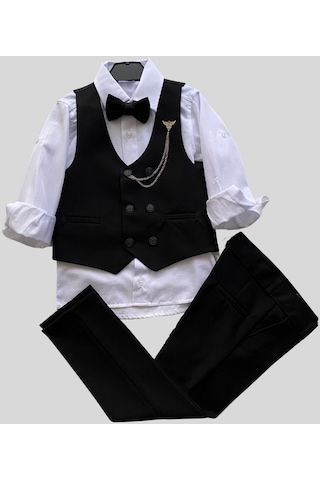 Zincir Detay Çift Düğmeli Erkek Çocuk Takım Elbise Siyah