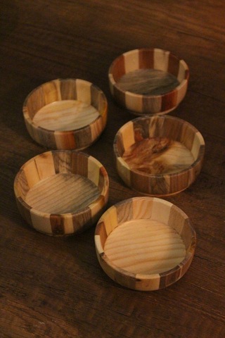 5li Ahşap Çerez Kase Seti Ağaç Renkli Tasarımlı