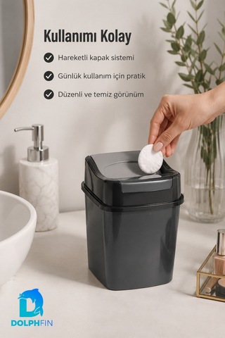 Girdap Kapaklı Çöp Kovası 2 Litre Siyah Kompakt Masaüstü Banyo Ofis Çöp Kutusu