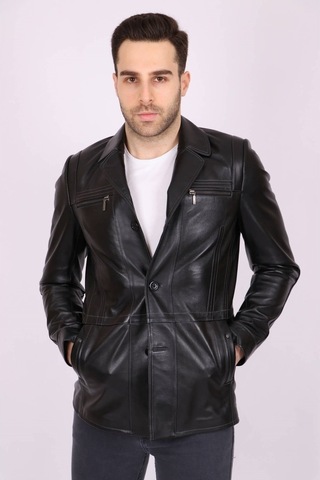 Erkek Siyah Hakiki Deri Yakalı Düğmeli Klasik Casual Mont