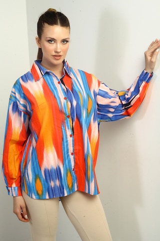 By Saygı Kadın Fırça Desenli Oversize Gömlek Fuşya