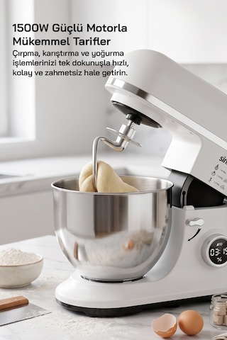 Smx-2773 / Beyaz / Dijital Ekranlı Zaman Ayarlı Stand Mikser / 7.5 Litre / 1500w