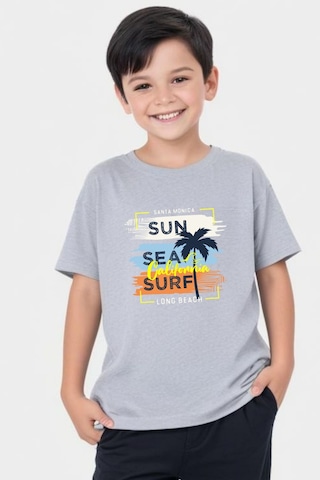 Panios Kids California Sun Baskılı Erkek Çocuk Kısa Kollu Yuvarlak Yaka T-shirt Gri