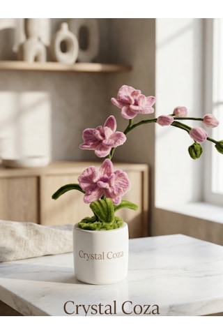 Crystal Coza Premium Şönil Orkide - Taş Saksılı Yapay Çiçek, Ev Ofis Hediyesi Dekoratif Salon Aksesuarı Pembe - Krem
