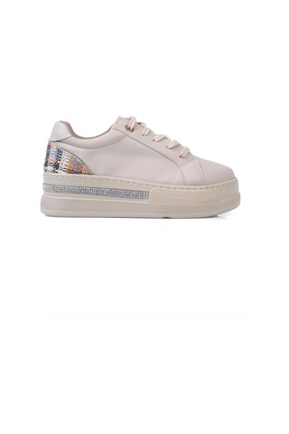 Shoetek Olala Kadın Sneakers Bağcıklı Arka Desenli Spor Ayakkabı Bej Deri Bej Cilt Bej