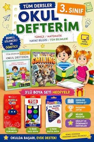 3.sınıf Okul Defterim + Smiling Practice Book Boya Seti Hediyeli