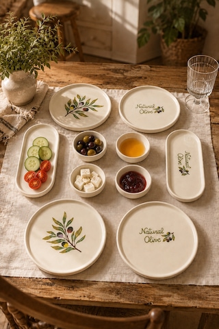 Oliva 10 Parça 4 Kişilik Seramik Kahvaltı Takımı Zeytin Desenli Kayık Tabaklı Sunum Seti Beyaz