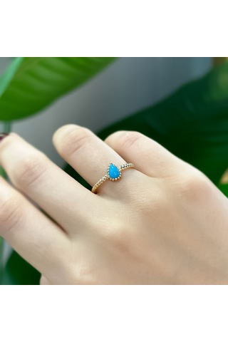 14k Altın Mavi Damla Taşlı Yüzük