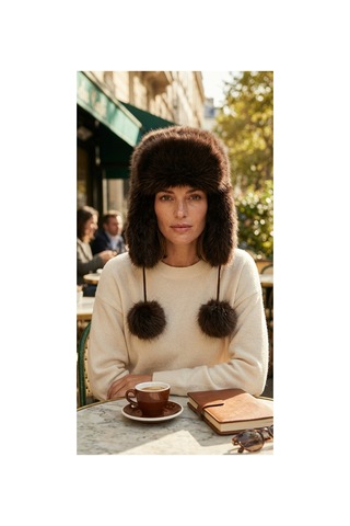 Emybox Rus Şapkası Kadın Ushanka Kürk Kalpak - Soğuk Geçirmez Kulaklı Ponponlu Kışlık Şapka Kahverengi