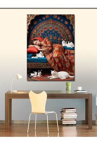 Kanvas Tablo Kediler Ve Renkli Kadın 70cmx100cm