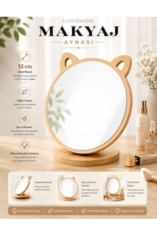 Unichrome Kedi Ayna Ahşap Standlı Masa Üstü Makyaj Aynası Make Up 14 Açık Bej