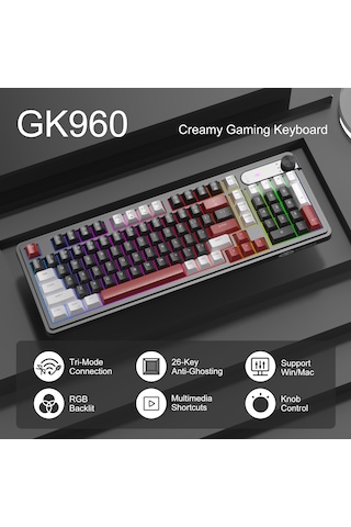 Magegee Gk960 Tri-mode Rgb Membran Siyah-bordo Gaming Klavye