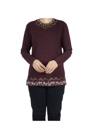 Kadın Yaka Ve Etek Desenli Taşlı Likralı Bluz-arpbattal2 Bordo