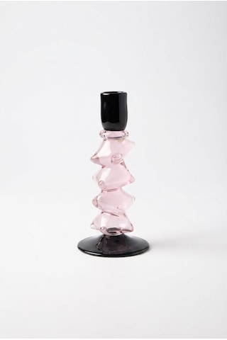 İthal Slıce Cam Şamdan Pembe Küçük 24 Cm Krem - Siyah