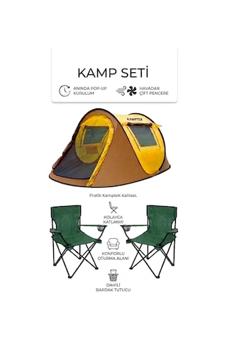 Kamptek 3 Parça Kamp Seti - Otomatik Pop-up Kamp Çadırı & 2 Adet Katlanır Kamp Sandalyesi Taşıma Çantalı Set Kamp Seti 220 120 90 Yeşil