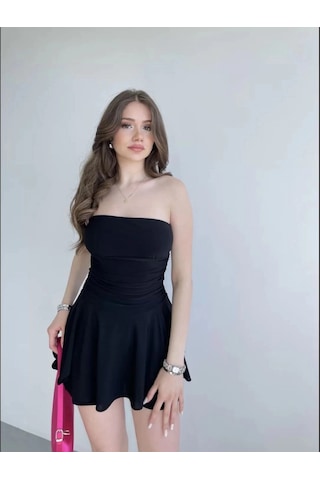 Moda Kadın Straplez Mini Etek Görünümlü Şortlu Elbise Büzgülü Şık Yazlık - Siyah Çok Renkli