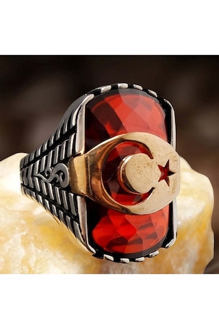 Kırmızı Zirkon Taşlı Ay Yıldızlı 925 Ayar Gümüş Erkek Yüzük