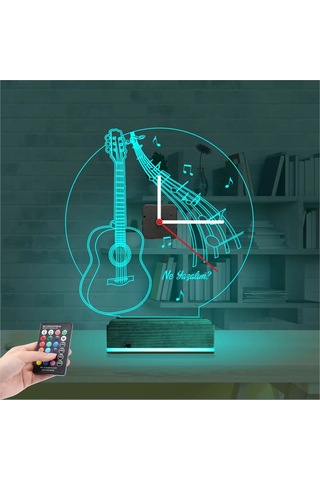 Luvivia Gitar Müzik Nota Kişiye Özel Saatli 3d Lamba - Masa Gece Lambası Şeffaf