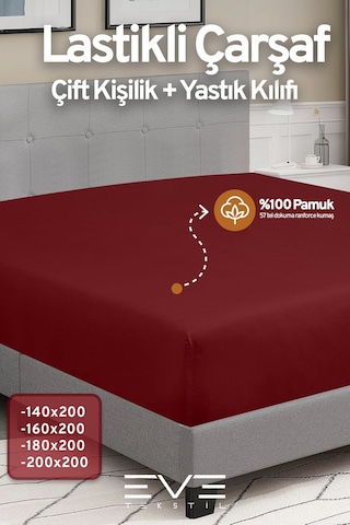 Eve Tekstil Pamuklu Çift Kişilik Rainforce Kumaş Lastikli Çarşaf Ve Yastık Kılıfı Set Bordo