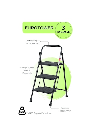 Eurotower 3 Basamak Özel Tasarım Geniş Basamaklı Siyah Merdiven 3+1