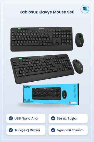 Klavye Mouse Seti Kablosuz Usb Sessiz Türkçe Q Nano Alıcılı Ev Of Optik
