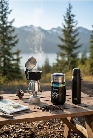 Any Morning Espresso Seti: 240 Ml Moka Pot + 600 Ml Çelik Termos + Elektrikli Ayarlanabilir Öğütücü