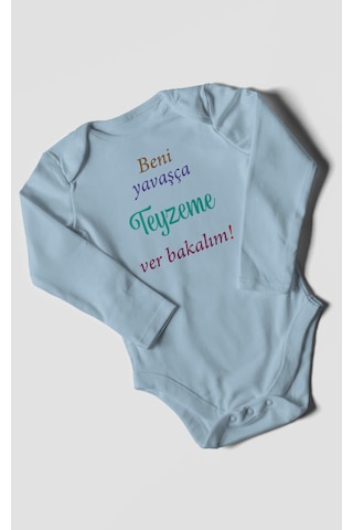 Beni Yavaşça Teyzeme Ver Bakalım Baskılı Bebek Zıbını Çıtçıtlı Body %100 Pamuk Uzun Kol Bebe Mavisi