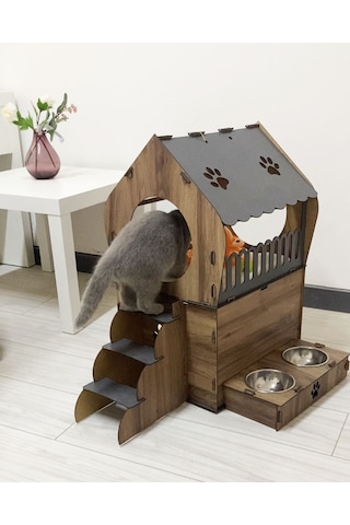 Nursoft Dekoratif Teraslı Kedi Evi ve Mama Kabı Seti 51 x 65 CM