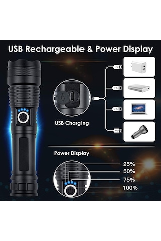 Soulader Güçlü Ve Şık 100000 Lümen Usb Şarjlı Led El Feneri - Dayanıklı Ve Parlak Aydınlatma Siyah