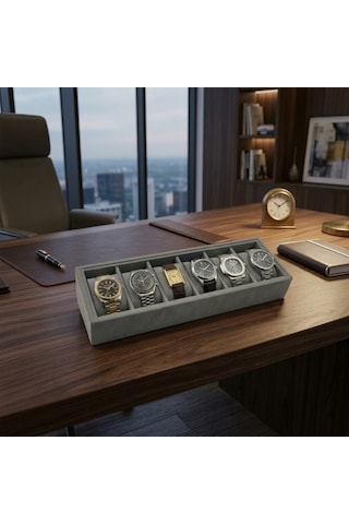 Woodini Gri Flok Kumaş 6'lı Saat Kutusu Yeni Nesil Ergonomik Yastıklı