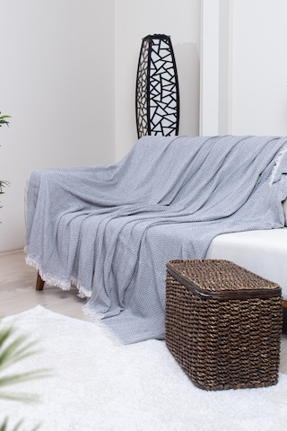 Pamuklu Zikzak Desenli Püsküllü Koltuk Örtüsü 170x210 Cm Dekoratif Ve Çok Amaçlı Koyu Gri