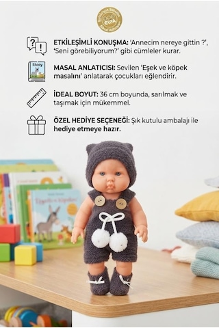 Konuşan Ve Masal Anlatan Eğitici Yumuşak Dokulu Kostümlü 36 Cm Kafası Et Oyuncak Bebek