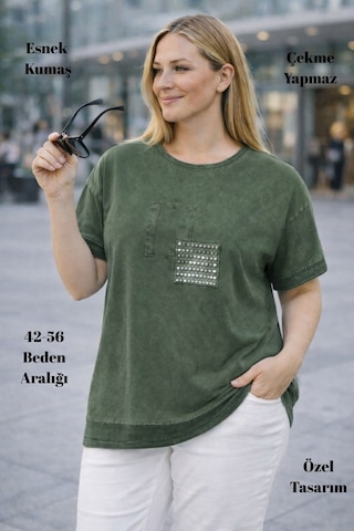 Cedy Denim Cedy - Kadın Özel Tasarım Esnek, Pul Payet, Dantel Detaylı Yıkamalı Büyük Beden Tişört Haki