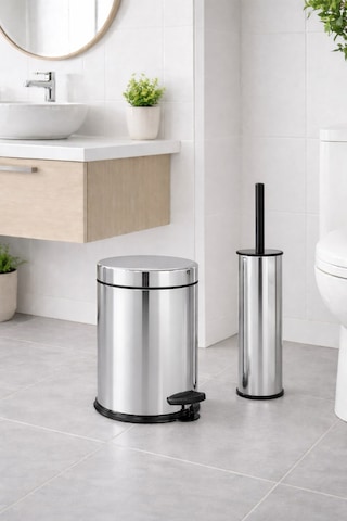 Sas Haus Krom 3 Lü Set 3 Lt Çöp Kovası Wc Fırçası Ve Diş Fırçalık Titan