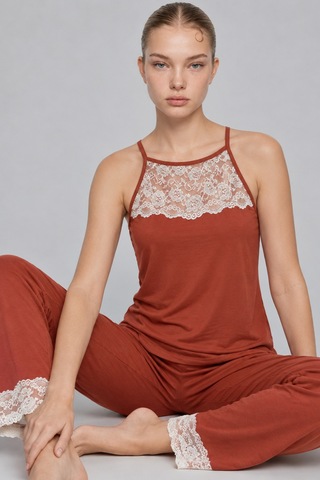 Womanandkids Night Kırmızı Kadın Dantel Detaylı Relaxed Pijama Takımı 4743