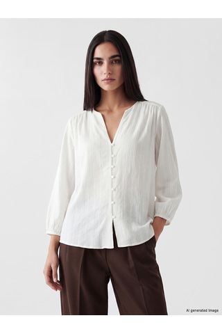 Lcw Vision Beyaz Kaçık Yaka Çizgili Oversize Armürlü Bluz
