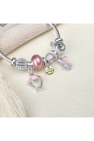 Charm Bileklik Tavşan Uçan Balon Figürlü Çelik Bileklik Gümüş Pembe Gümüş